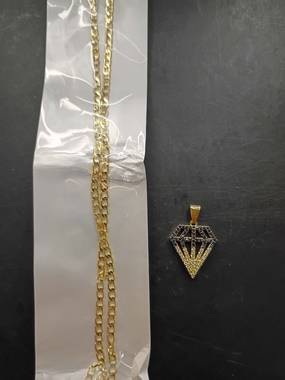 925 Silver Gold Tone Figaro Chain Necklace Black Clear CZ Diamond Shape Pendant